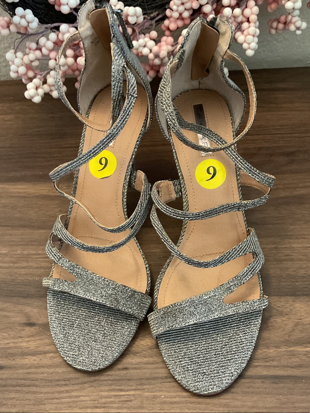 Tahari Silver Glitter Strappy Heeled Sandals
